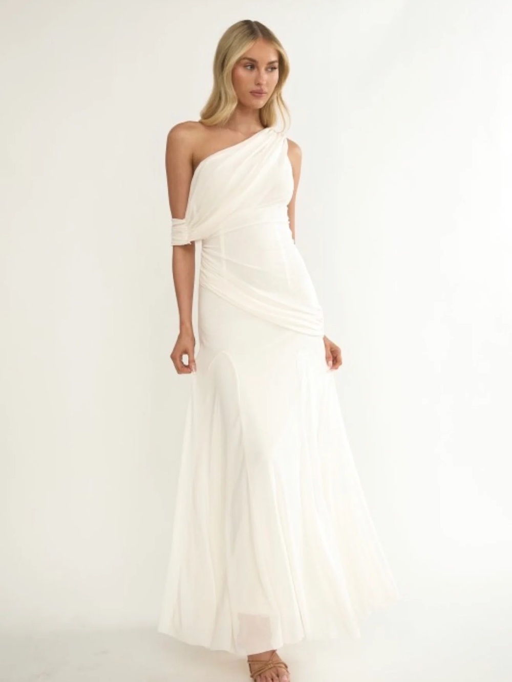 Anaisa Asymmetric Neckline Draped Maxi Dress Oyster Saints & Secrets